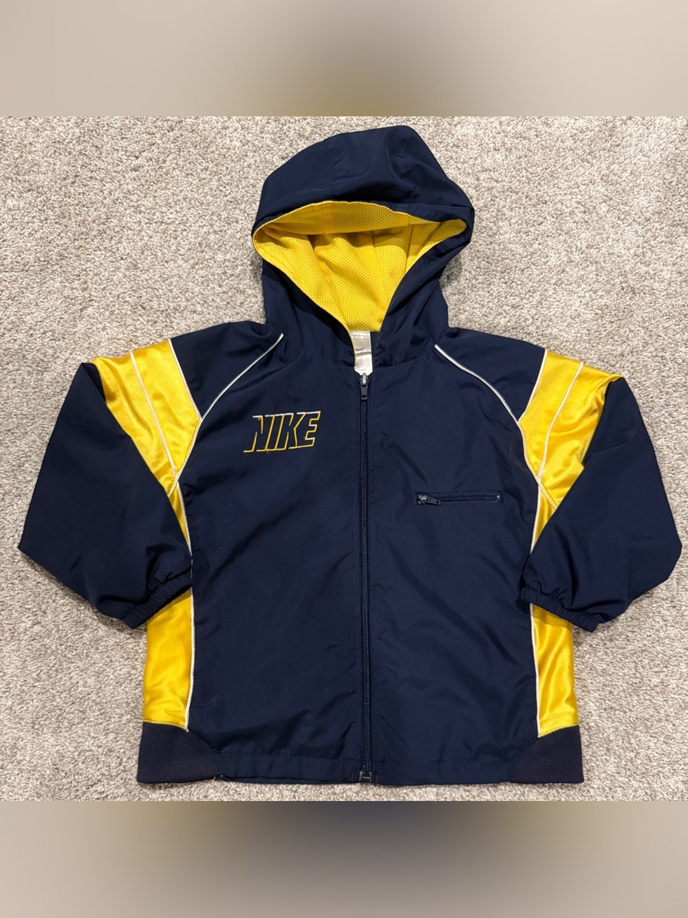 Nike Navy Blue Yellow Hooded Windbreaker Jacket size 4/4T.